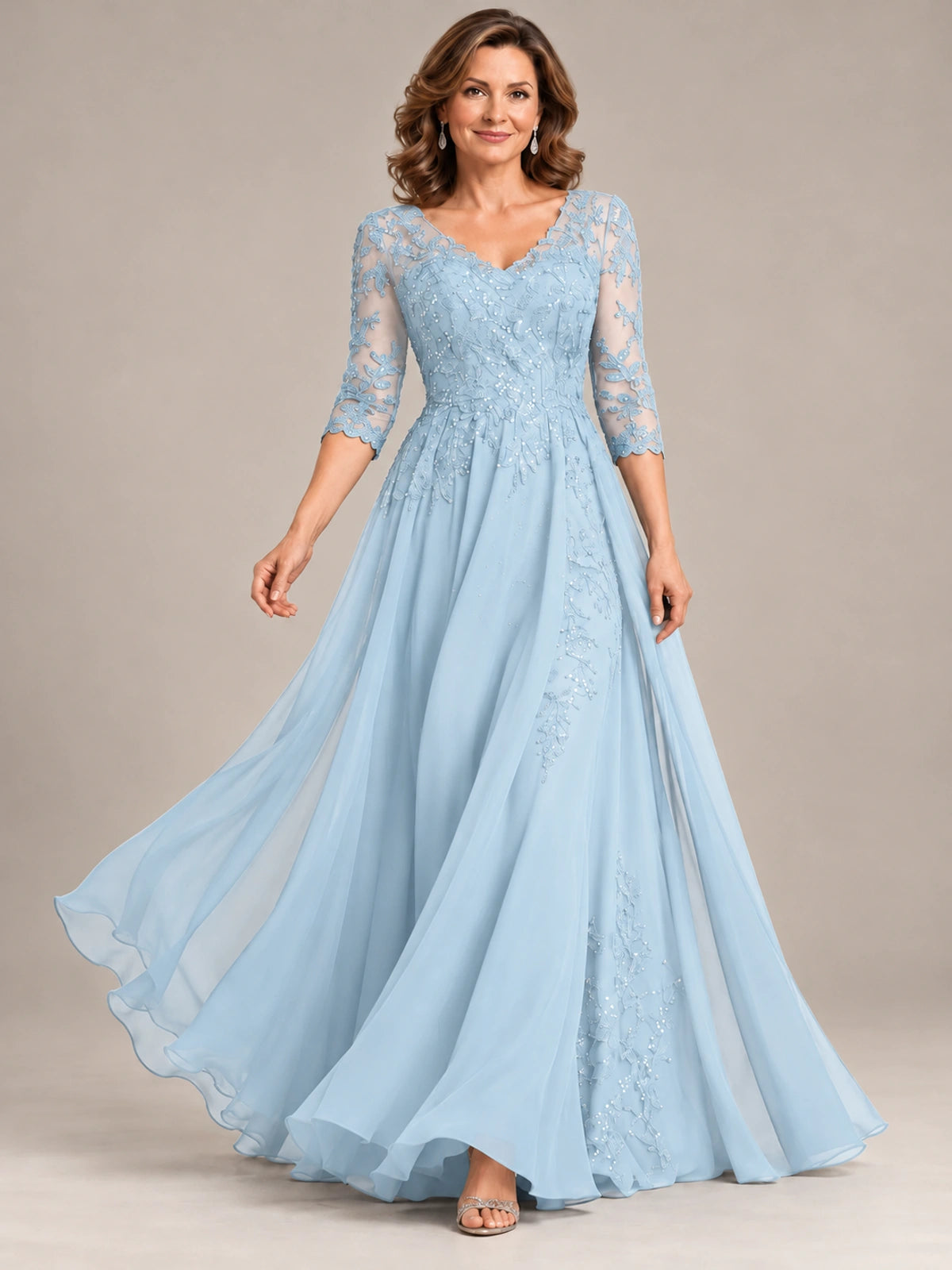 Sequin Lace A-Line Mother of the Bride Dress with 3/4 Sleeves