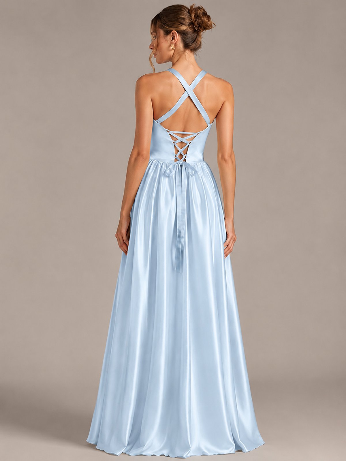 Light Yellow Halter Neck Satin A-Line Maxi Dress with Pockets