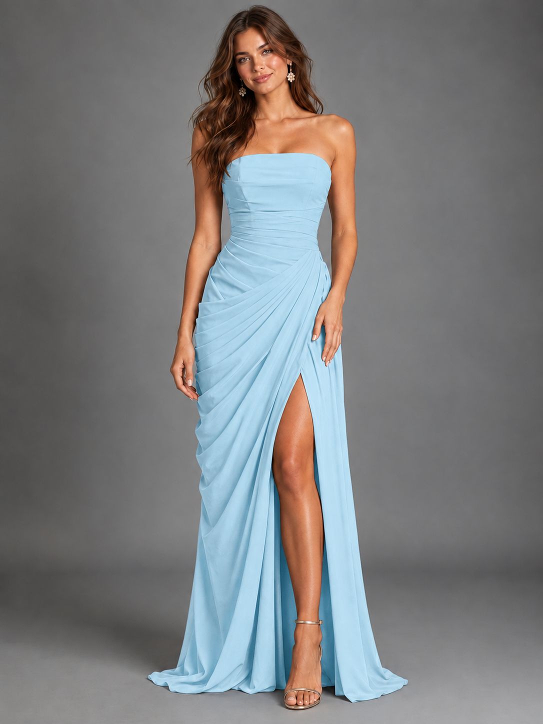 Strapless Bodycon Pleated Chiffon Formal Dress with Slit