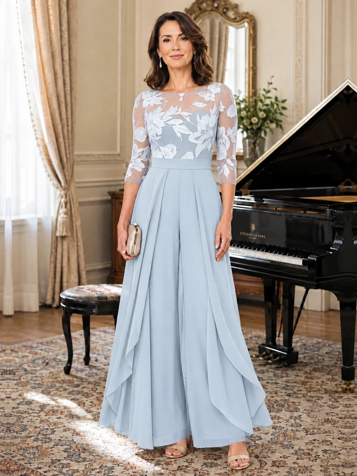 Lace Applique Wide-Leg Chiffon Mother of the Bride Jumpsuit