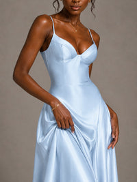 Lavender V Neck Satin Prom Dress with Spaghetti Straps