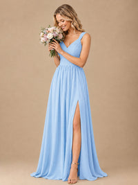 Pleated Chiffon V Neck Wedding Bridesmaid Dresses Floor Length with Slit