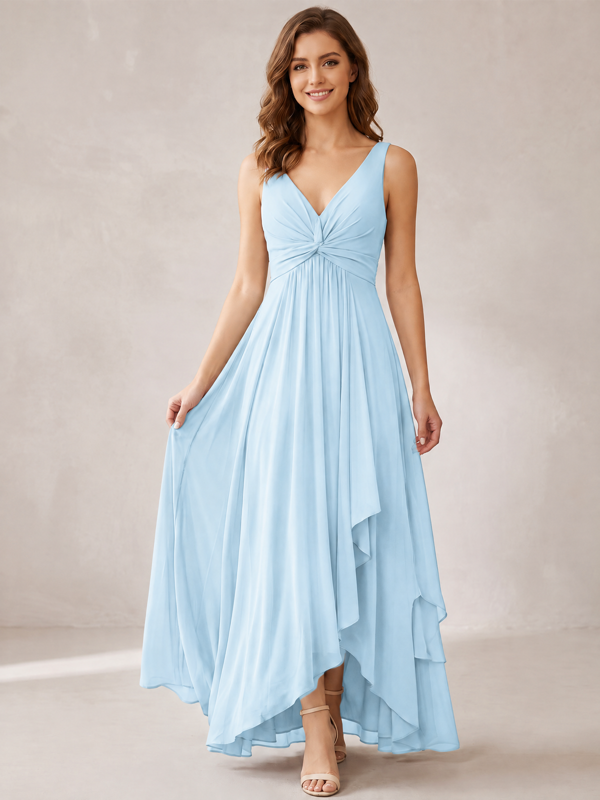 V-Neck High-Low Chiffon Bridesmaid Dress with Ruffles