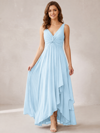 V-Neck High-Low Chiffon Bridesmaid Dress with Ruffles
