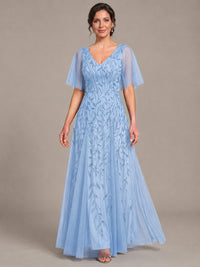V-Neck Sequin Tulle Mother of the Bride Dress with Flutter Sleeve