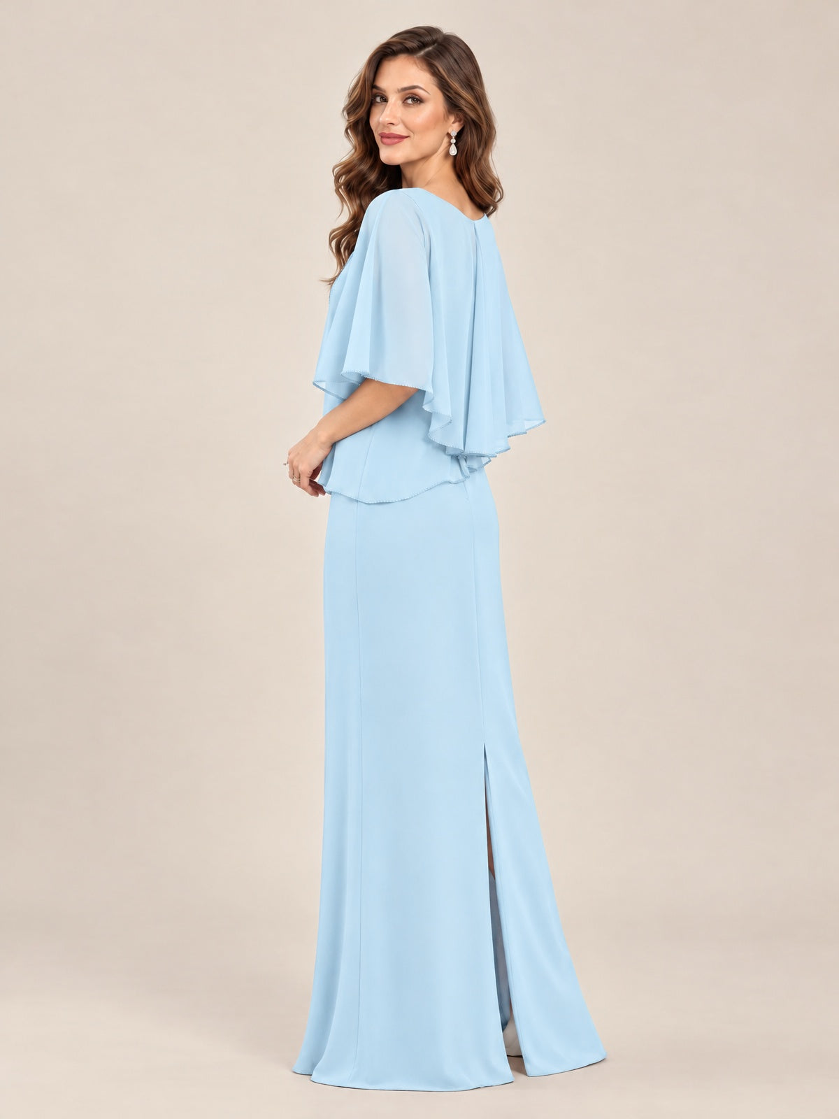 Cape Sleeve Mother of the Bride Dress with Asymmetrical Overlay