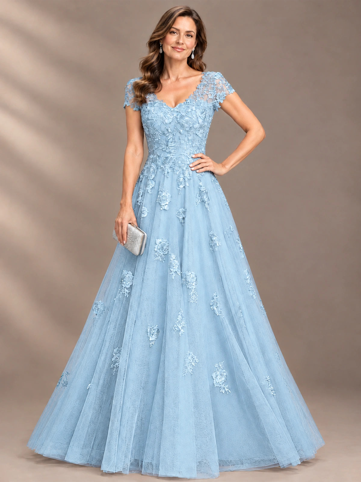 Lace Appliques A-line Mother of The Bride Dresses with Short Sleeves