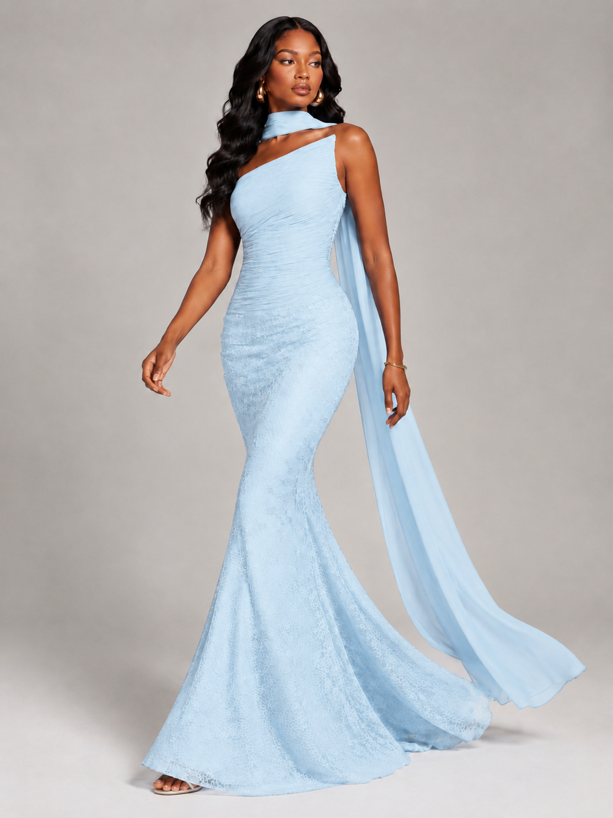 Pleated Chiffon Lace Prom Dresses Long Bodycon Mermaid with Scarf