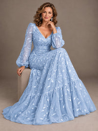 Floral Sequin Embroidered A-Line Mother of the Bride Dress with Long Sleeves