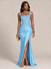 Scoop Neck Sequin Prom Dress with High Slit Satin Formal Gowns