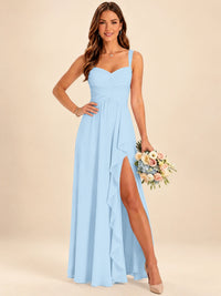 Spaghetti Straps Pleated Chiffon Bridesmaid Dress with Ruffle Slit