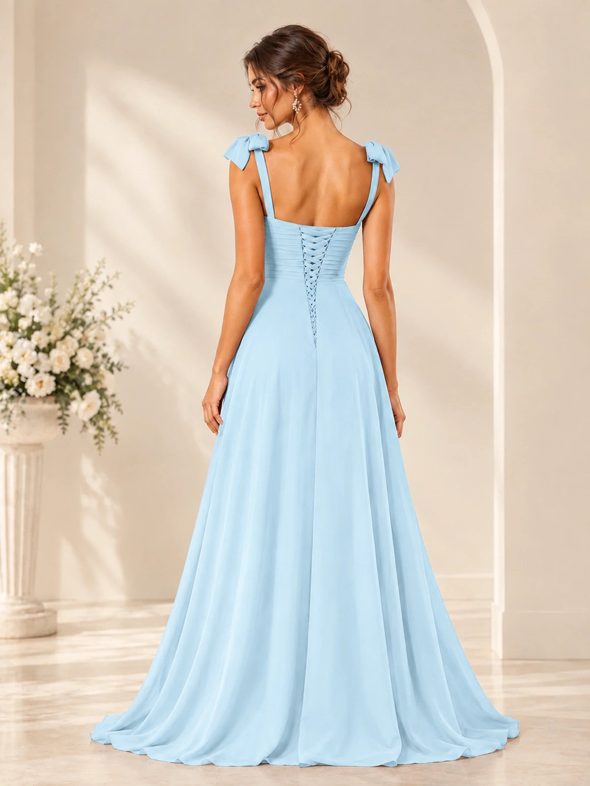 Ruffle Slit Chiffon A Line Scoop Neck Bridesmaid Dresses with Pockets