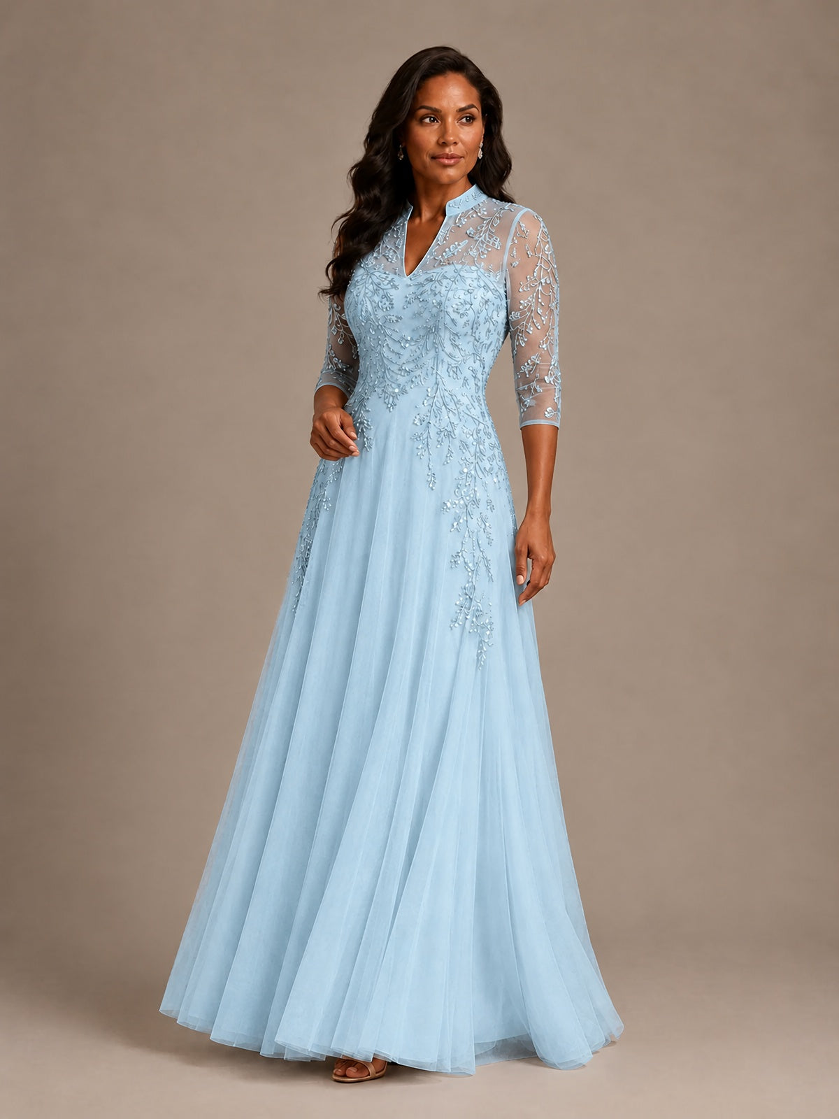 Embellished Appliques Mother of the Bride Dress with 3/4 Sleeves