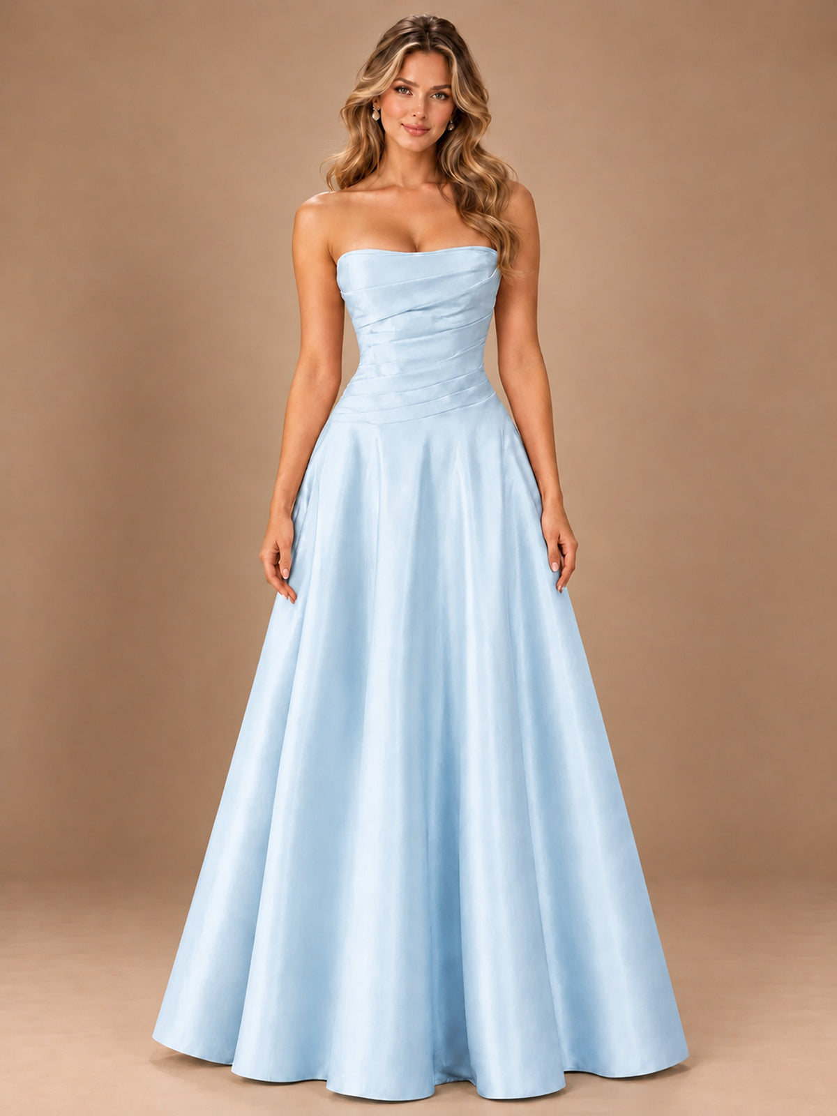 Blush Pink Strapless Satin A-Line Prom Dress with Ruched Bodice