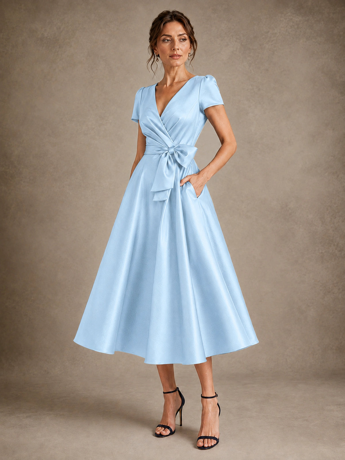 V-Neck Tea-Length Satin Mother of the Bride Dress with Bow