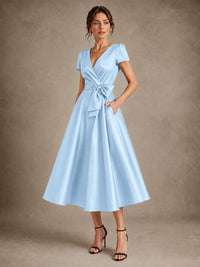V-Neck Tea-Length Satin Mother of the Bride Dress with Bow