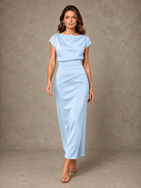Cowl Neck Satin Mother of the Bride Dress with Ruched Waist
