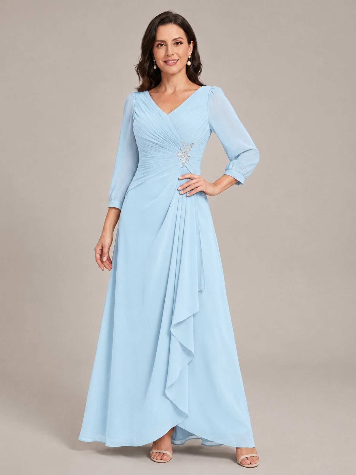 V-Neck Pleated Chiffon Mother of the Bride Dress with Flutter Sleeves