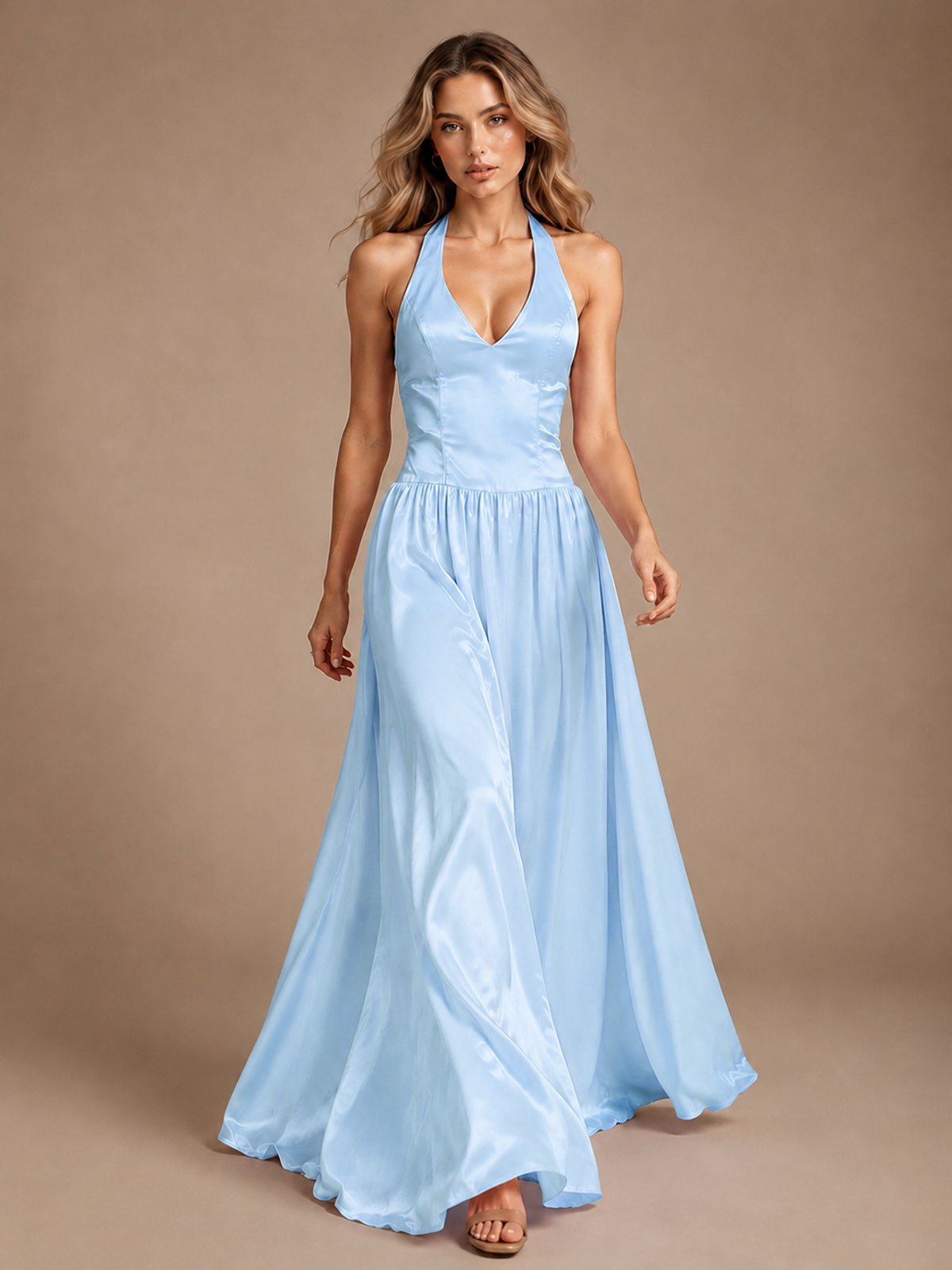 Pink V Neck Halter Satin Maxi Dress