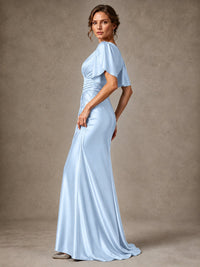 V-Neck Satin Mother of the Bride Dress with Flutter Sleeves