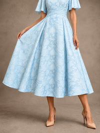 V-Neck Floral Jacquard Tea-Length Mother of the Bride Dress