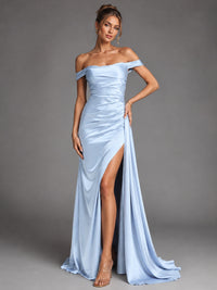 Off Shoulder Satin Maxi Dress with Slit