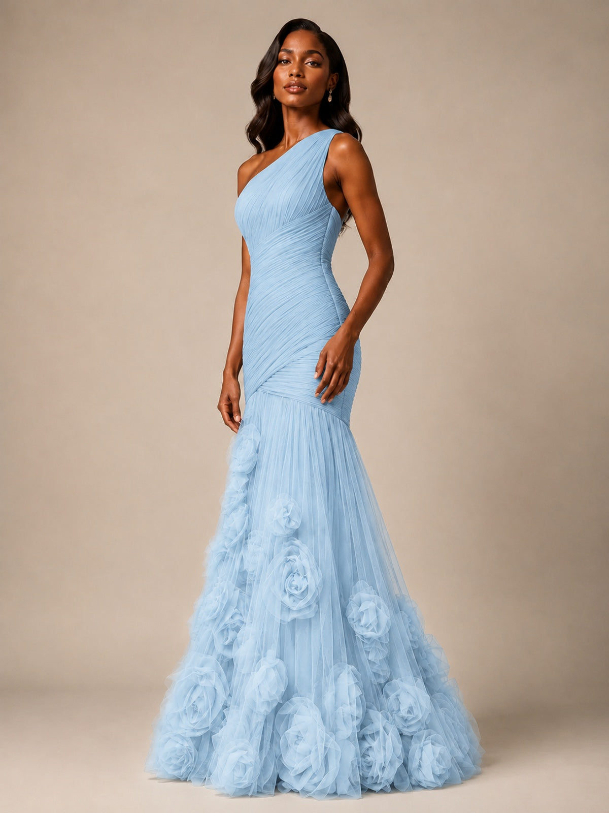 Blush Pink One Shoulder 3D Floral Mermaid Prom Dress