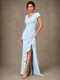 V-Neck Floral Jacquard Mother of the Bride Dress with Slit