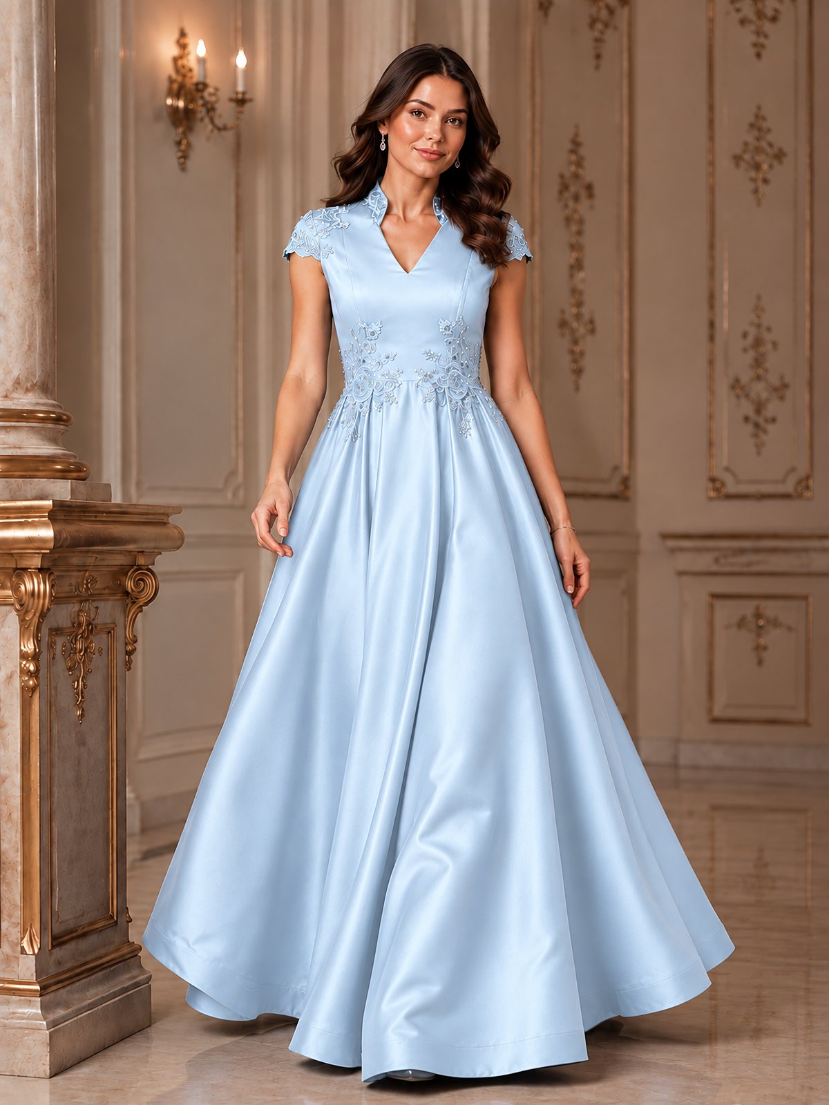 Lace Appliqué A-Line Satin Maxi Dress