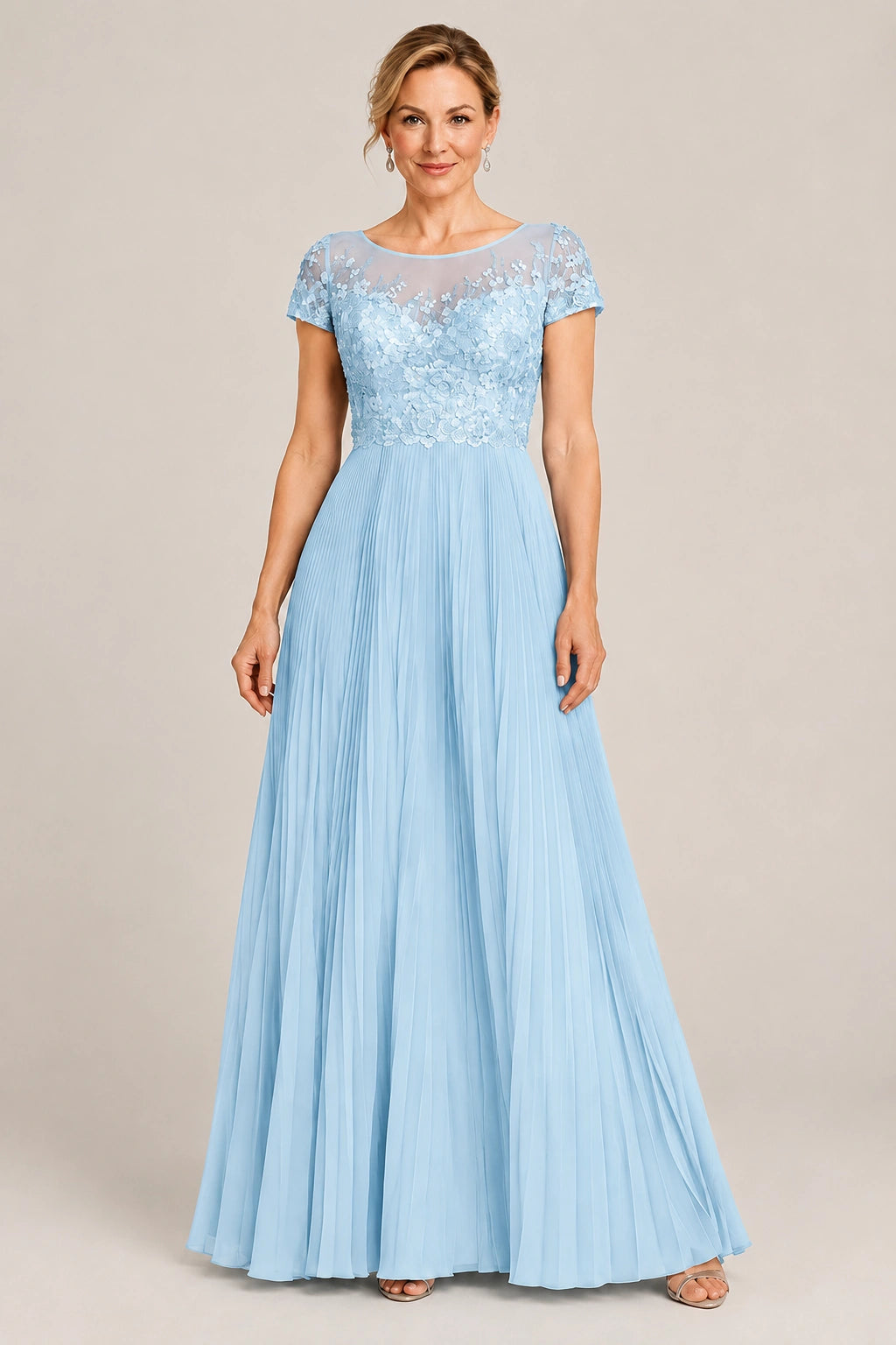 Embroidered Lace Pleated Mother of the Bride Dress