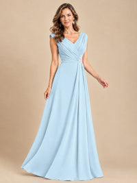 V Neck Pleated Mother of The Bride Dresses with Beading Cap Sleeves