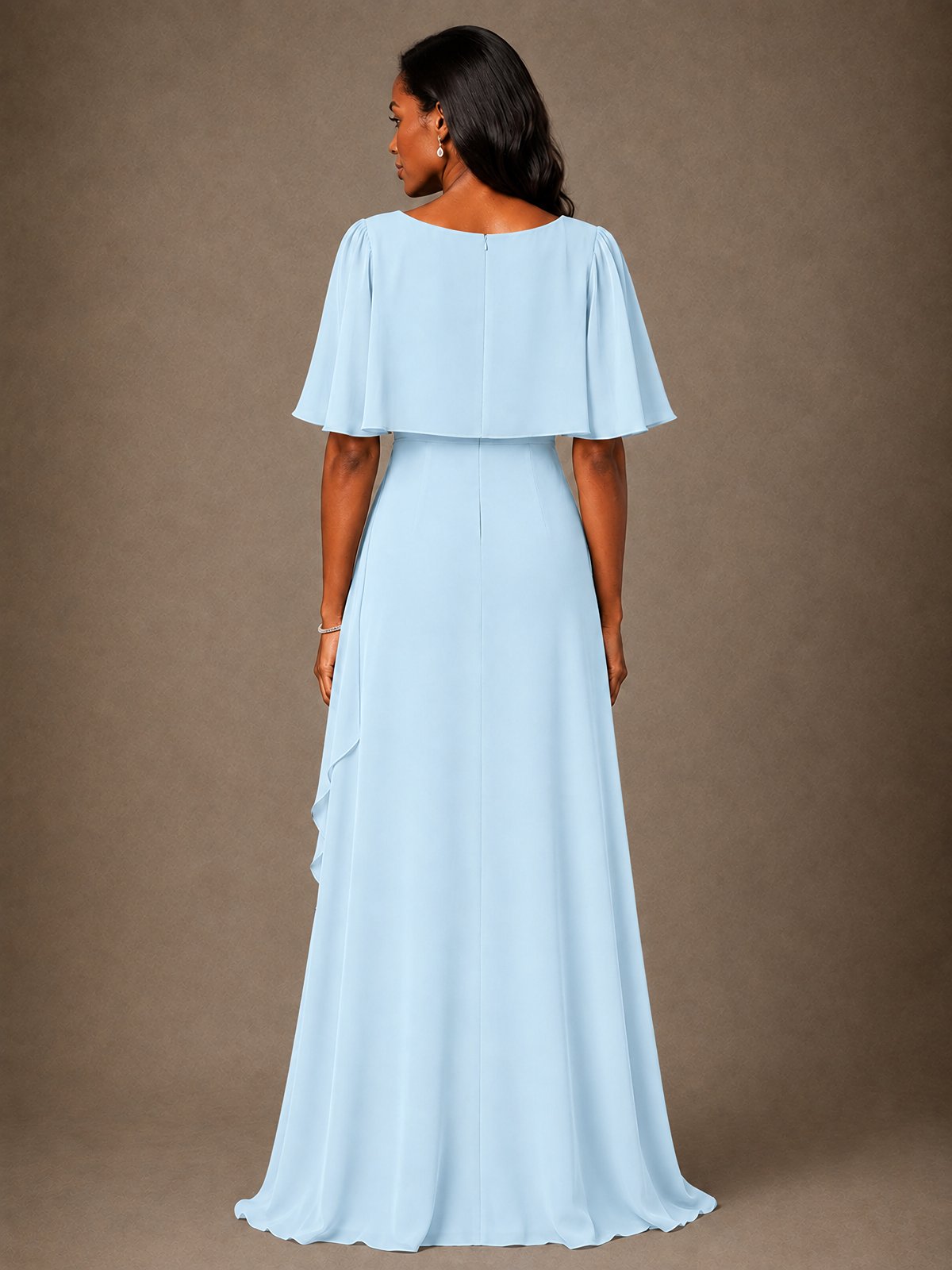Taupe Chiffon A-Line Mother of the Bride Dress with Cape Sleeves