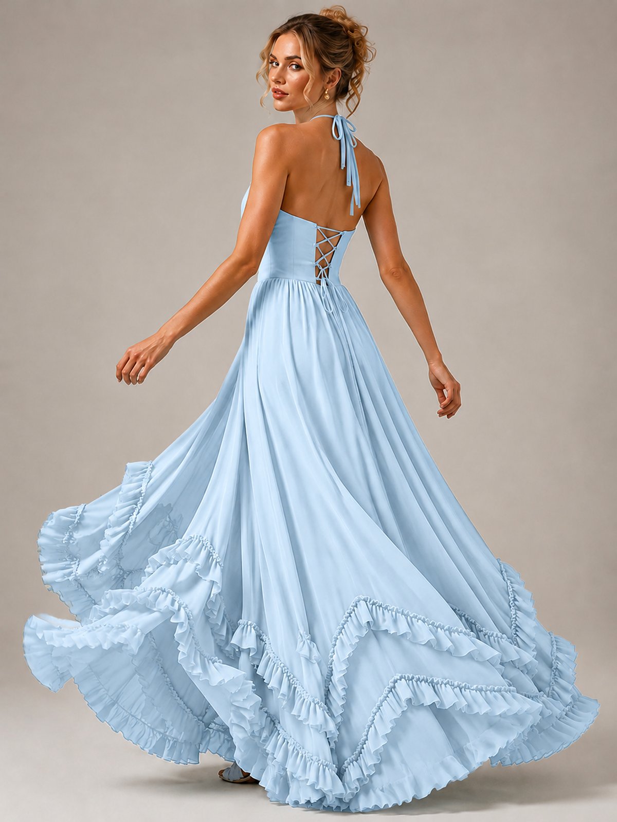 Halter V Neck Chiffon Formal Dress with Lace-Up Back and Ruffle Hem