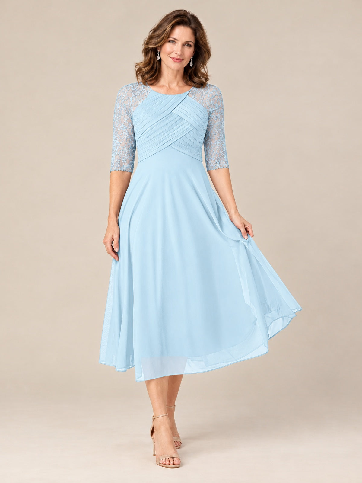 Tea-Length Mother of the Bride Dress with Lace 3/4 Sleeves