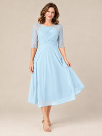 Tea-Length Mother of the Bride Dress with Lace 3/4 Sleeves