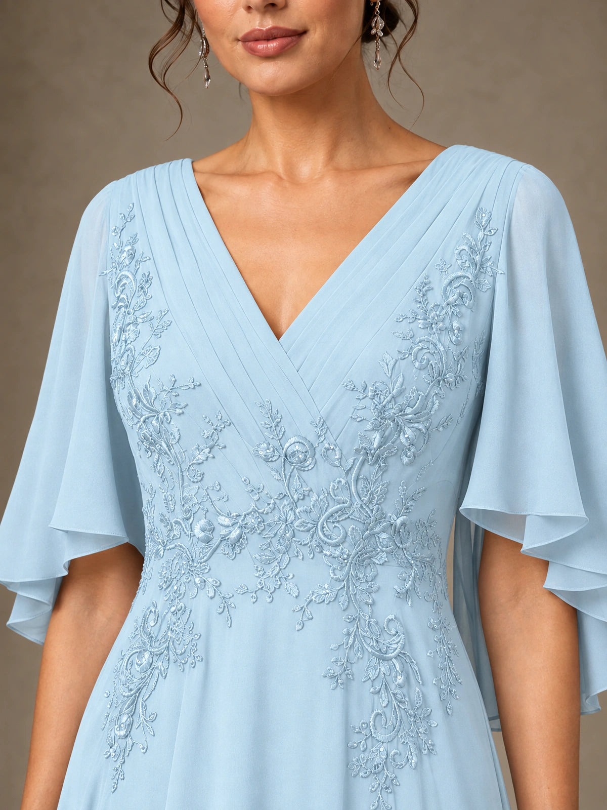 V-Neck Chiffon Lace Mother of the Bride Dress with Flutter Sleeves