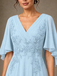 V-Neck Chiffon Lace Mother of the Bride Dress with Flutter Sleeves