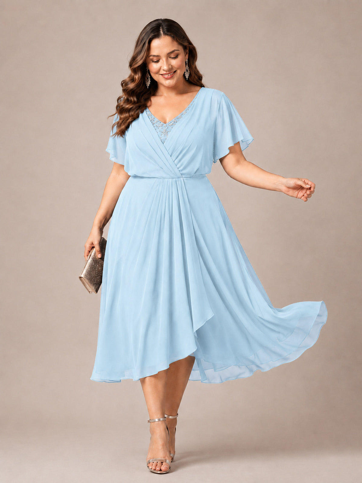 Navy Blue A-Line V-Neck Tea-Length Mother of the Bride Dress
