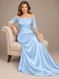 Satin Mother of the Bride Dress with Lace Sleeves Off Shoulder Formal Gown