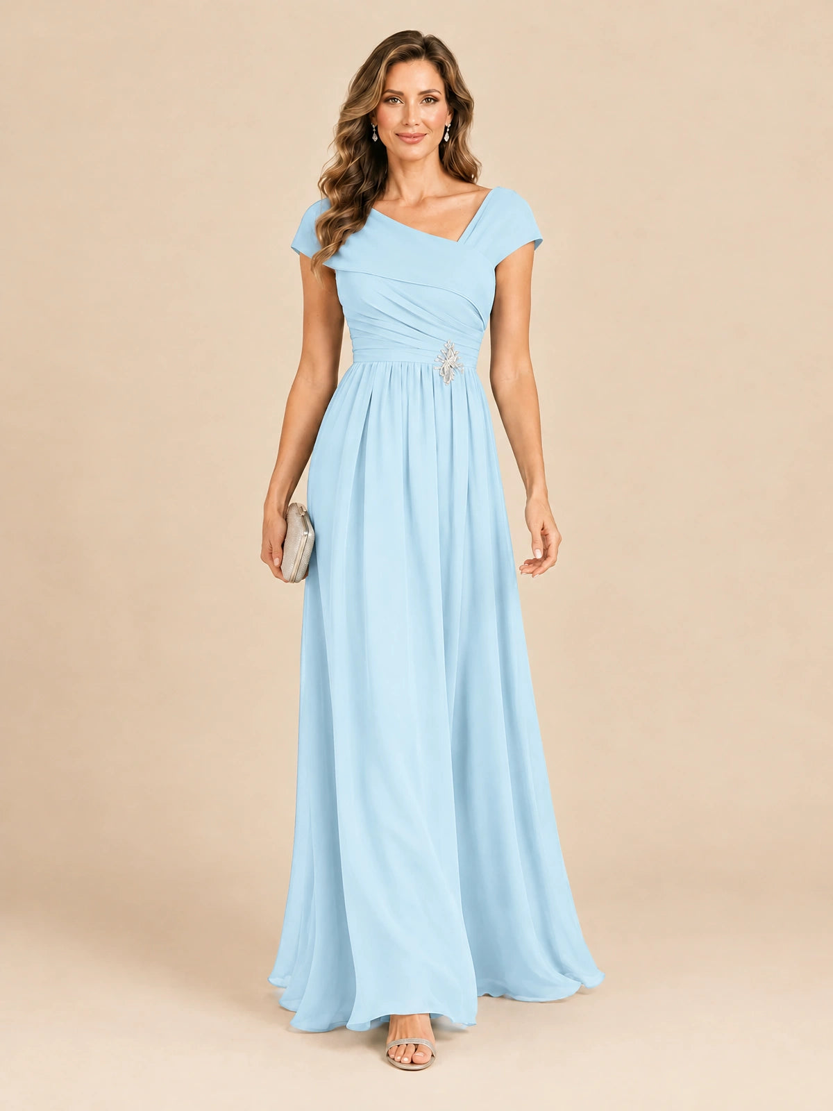 Cap Sleeve Mother of The Bride Dresses Long Chiffon Formal Gowns