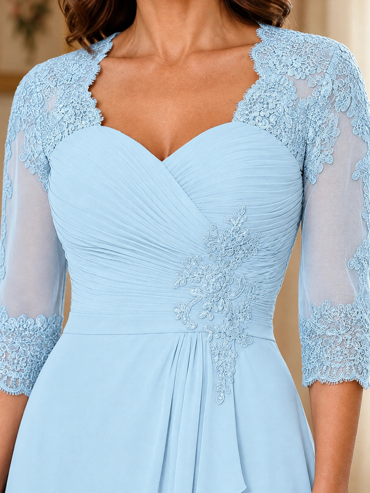 Chiffon Lace Applique Mother of the Bride Dress with 3/4 Sleeves