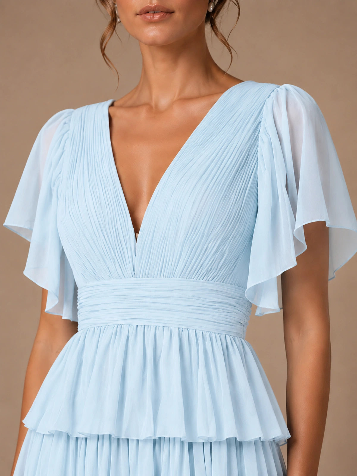 Chiffon V-Neck Tiered Ruffle Bridesmaid Dress with Slit