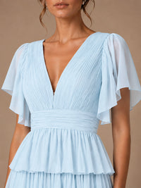 Chiffon V-Neck Tiered Ruffle Bridesmaid Dress with Slit