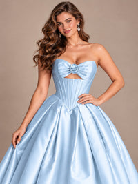Pink Strapless Corset Satin Prom Derss & Ball Gown with 3D Floral