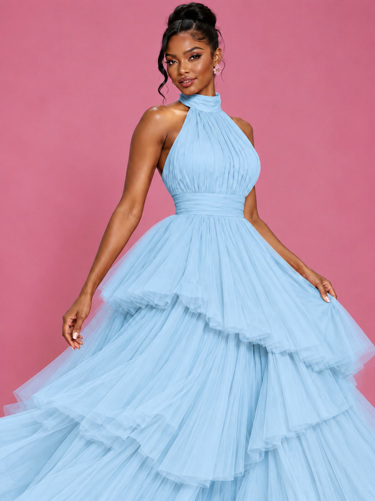 Hot Pink Tulle Halter Neck Tiered Ruffle Maxi Dress