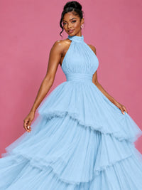 Hot Pink Tulle Halter Neck Tiered Ruffle Maxi Dress