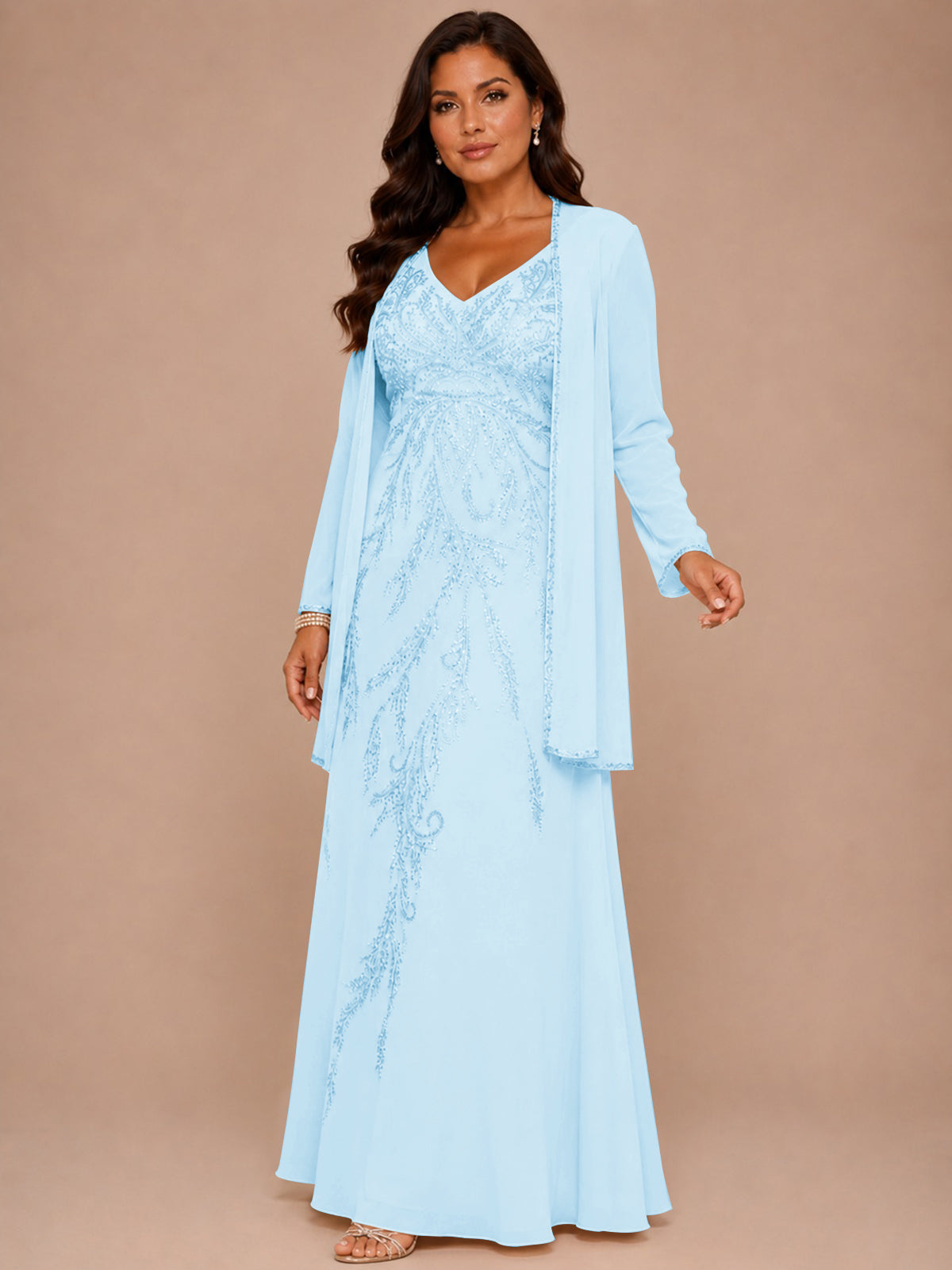 Champagne Beaded Chiffon Mother of the Bride Dress with Jacket V-Neck Gown