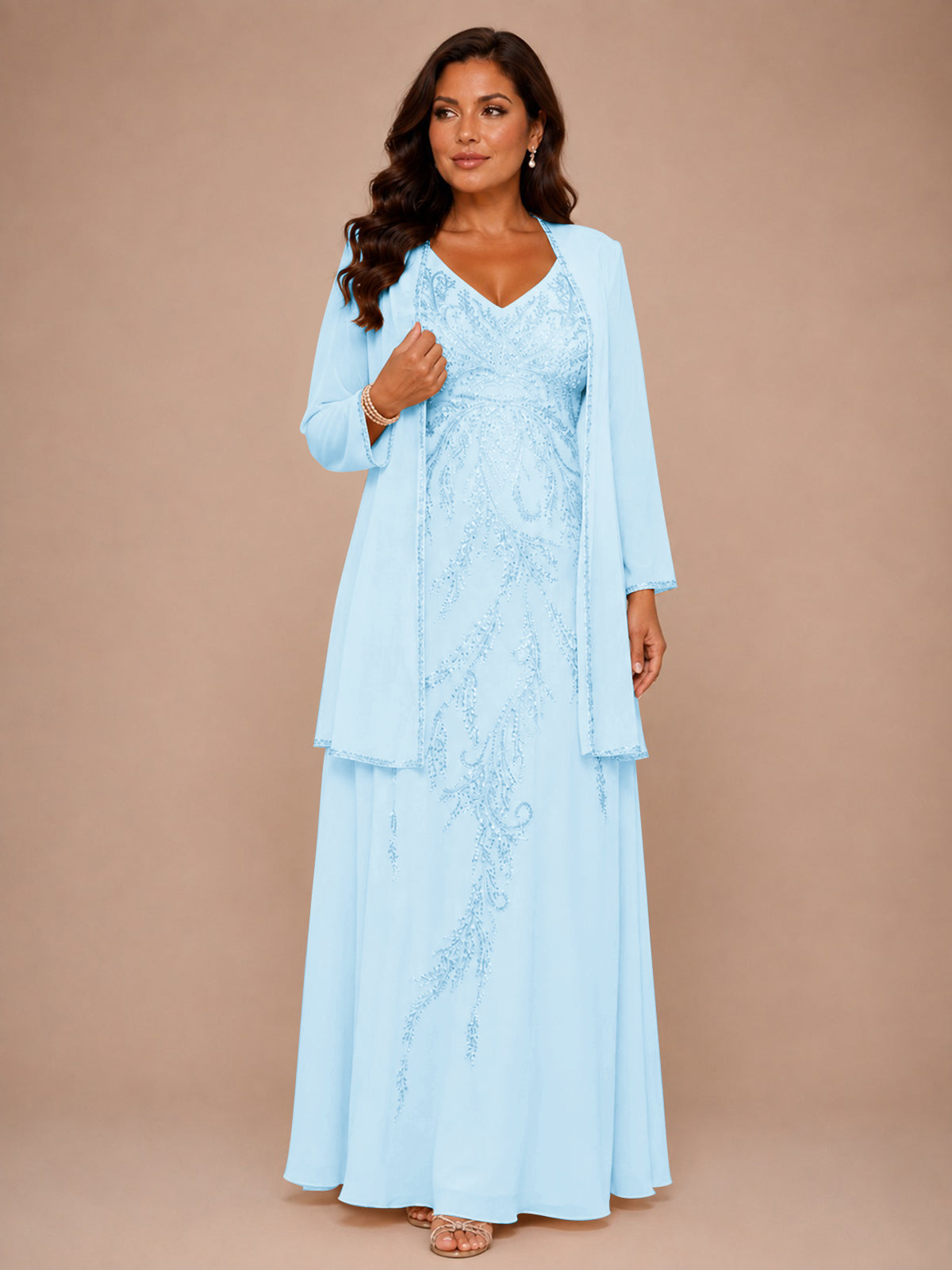 Champagne Beaded Chiffon Mother of the Bride Dress with Jacket V-Neck Gown