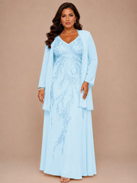 Champagne Beaded Chiffon Mother of the Bride Dress with Jacket V-Neck Gown