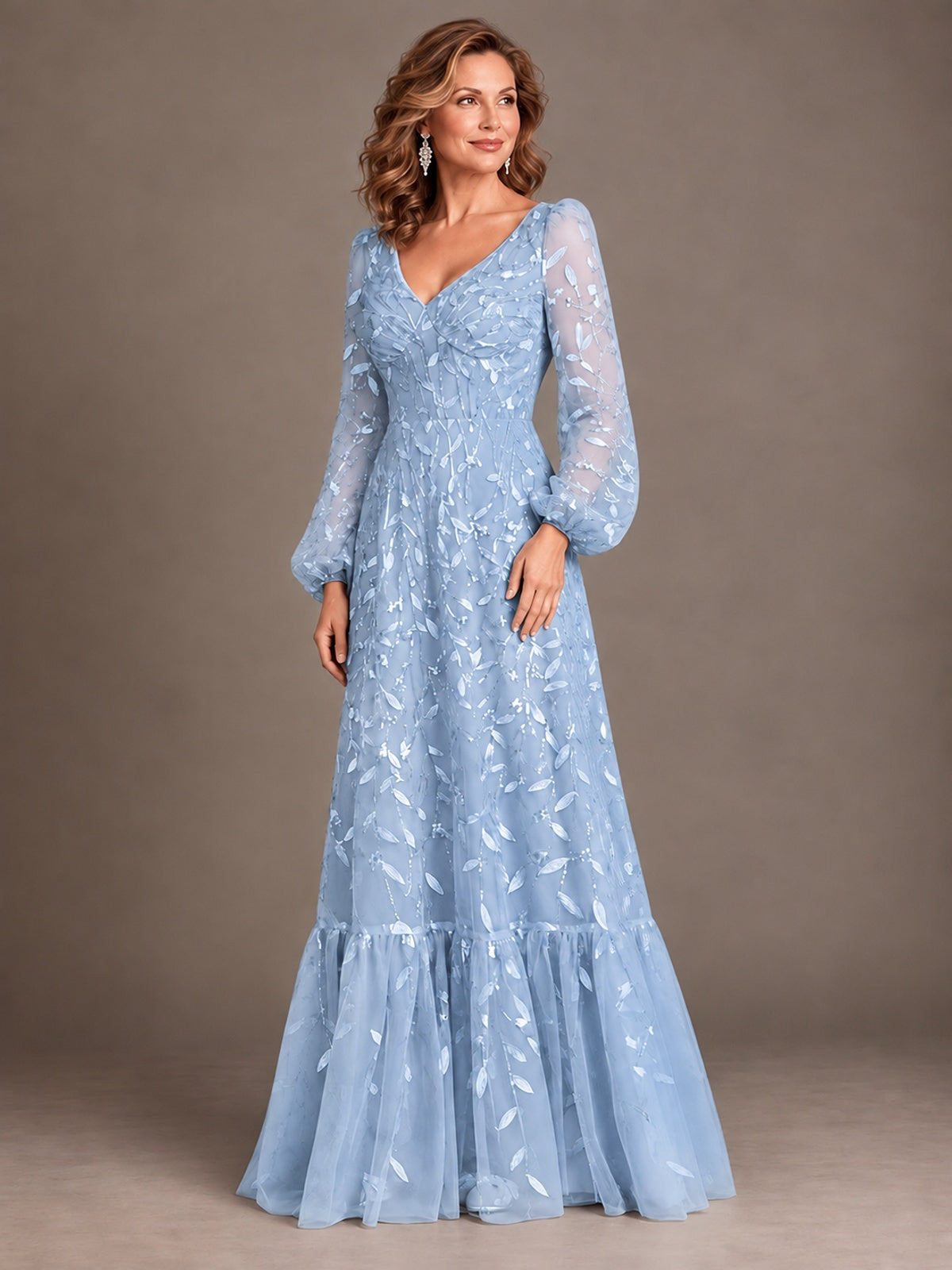Floral Sequin Embroidered A-Line Mother of the Bride Dress with Long Sleeves